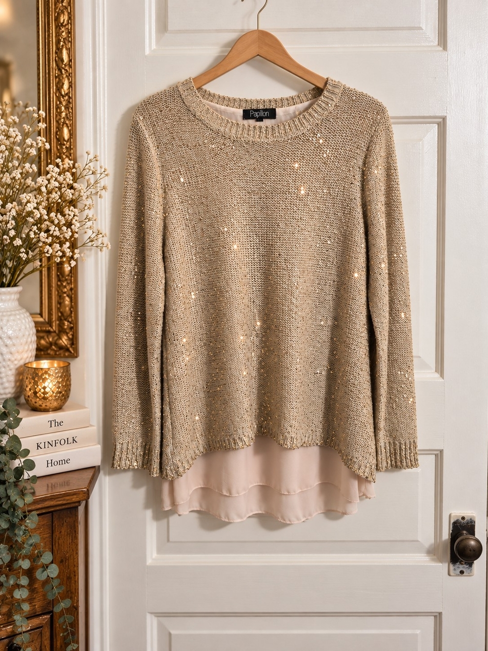 Papillon Sequin Layered Chiffon Sweater Top Beige Gold Size L